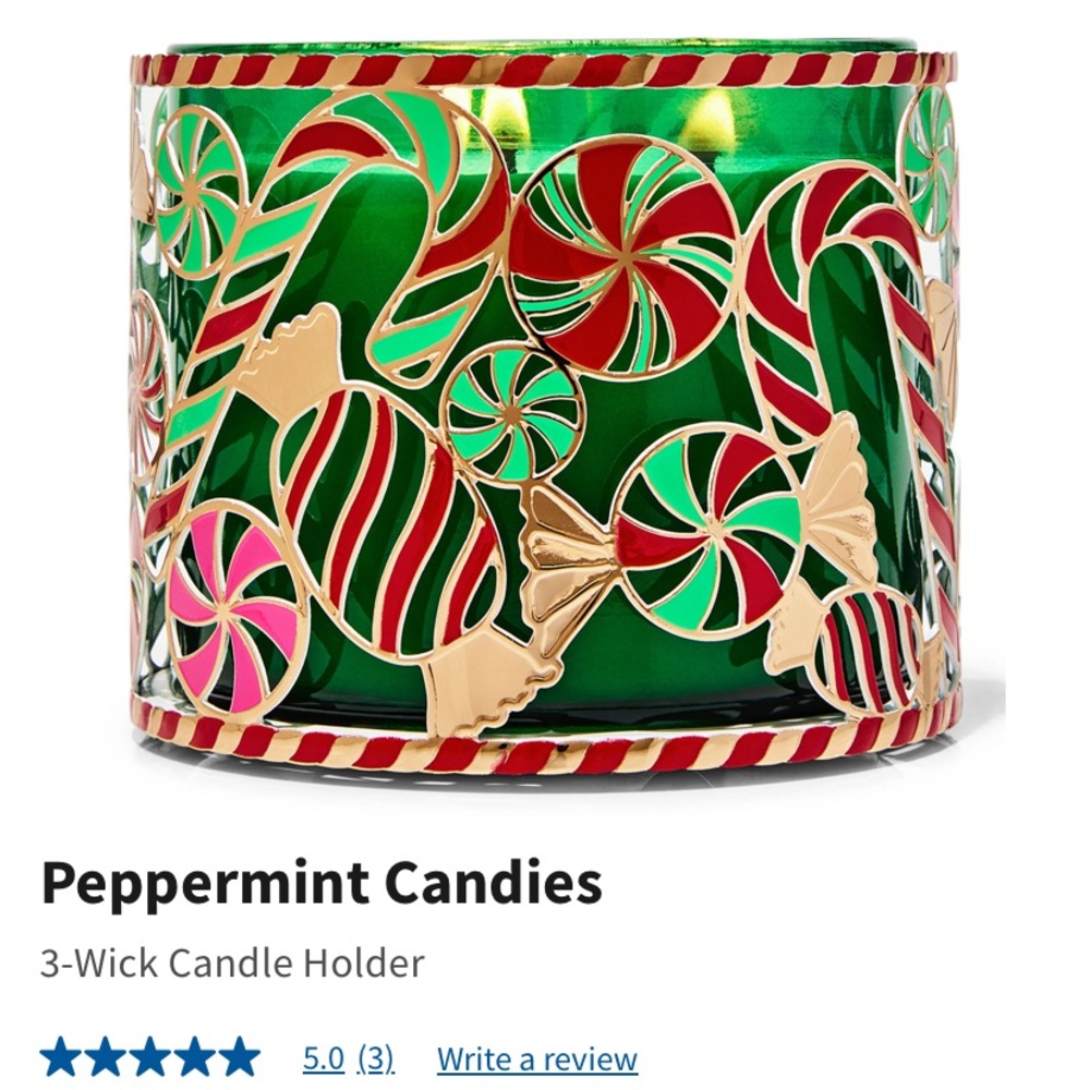 “PEPPERMINT CANDIES”, Winter ‘24, Red & Green by BBW, 3-Wick Candle Holder, NWT